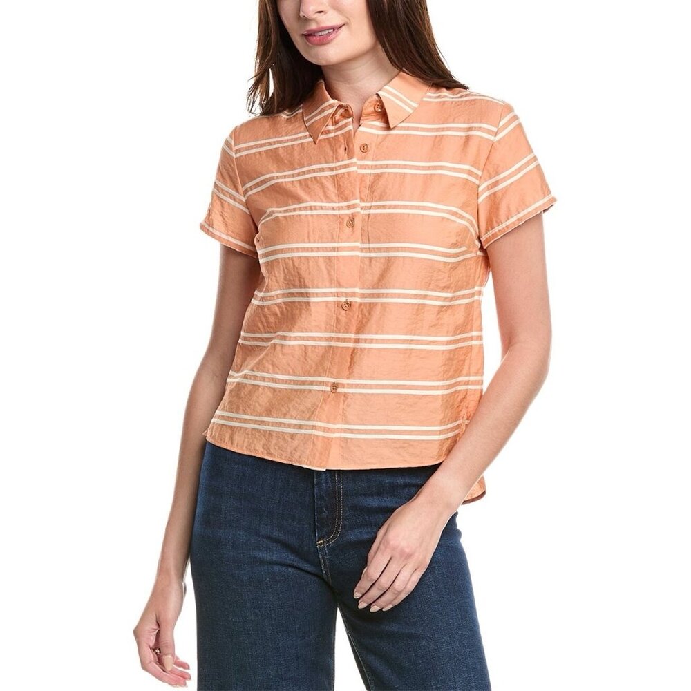 CAbi Camp Shirt 6511 Peach Striped Button Up Short Sleeve Collared Size M